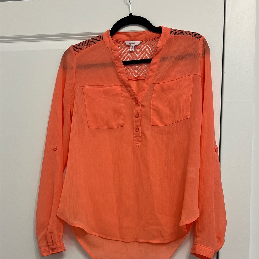 Candie's Coral Blouse with Sheer Accents